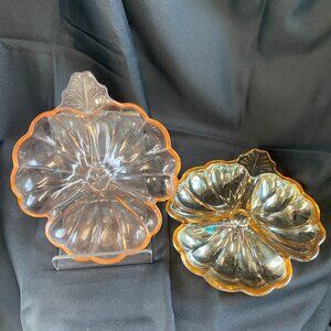 2 Vintage Jeannette Glass 3 Part Doric Clover Shape Candy Dish Marigold & Pink